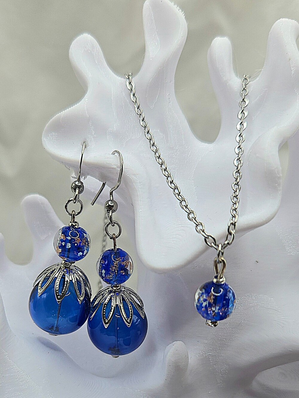 Hand Crafted Stainless Steel Blue Glass Beaded Necklace & Earrings Set